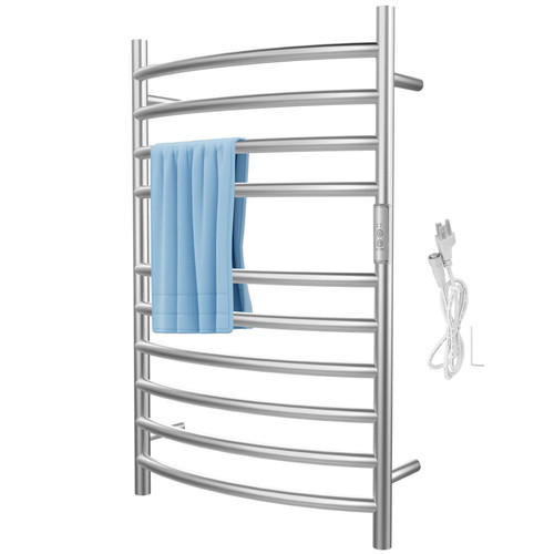 Heated Towel Rack, 10-Bar Curved Design, Wall-Mounted Electric Towel Drying Rack with Built-in Timer, Polishing Brushed Stainless Steel for Bath, Plug-in/Hardwired, UL Certified, Silver