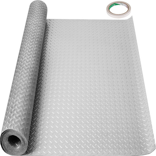 Garage Floor Mat 4.9x13ft Vinyl Garage Flooring Roll Anti-Slide Diamond Texture Silver Garage Mats for Under Car 63.7sqft Covering Space DIY PVC Garage Floor Mat for Gyms Boats Car Trailer