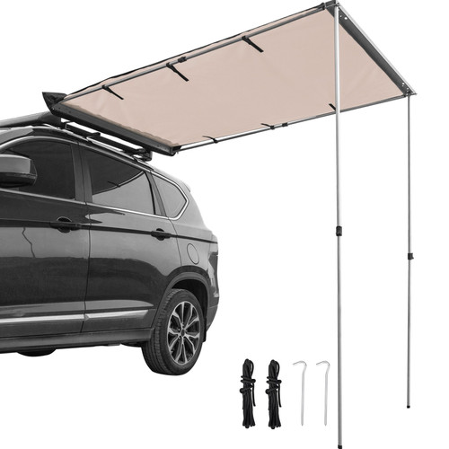 Car Side Awning, 7.6'x8.2', Pull-Out Retractable Vehicle Awning Waterproof UV50+, Telescoping Poles Trailer Sunshade Rooftop Tent w/ Carry Bag for Jeep/SUV/Truck/Van Outdoor Camping Travel, Sand