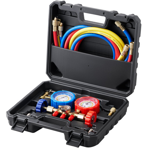 AC Gauge Set - 3 Way AC Manifold Gauge Set for R134A R22 R12 R410A Refrigerant, Freon Gauges with 5ft Hoses, Couplers, Can Tap Works on Car Auto Freon Charging and Evacuation