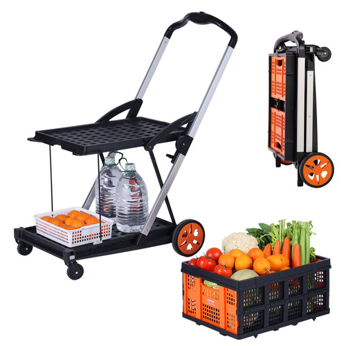 Multi Use Functional Collapsible Cart, 198 lbs Capacity 2-Tier Folding Shopping Cart with Wheels, Collapsible Utility Cart with Storage Crate, 2 in 1 Hand Truck for Grocery/Luggage/Moving/Office