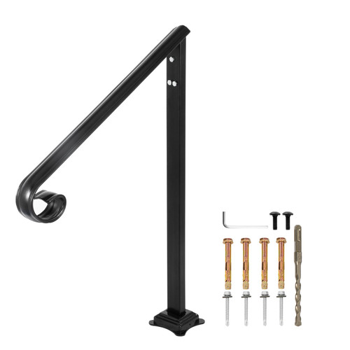 Handrail Fits 1 or 2 Steps,Handrails Real Iron Metal Material,Real Wrought Iron Handrails & Stainless Steel Post Mounts, with Installation Kit Hand Rails for Outdoor Steps-Matte Black