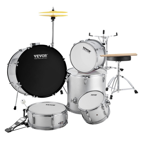 Adult Drum Set, 5-Piece, 22 inches Complete Full Size Drum Kit with Bass Toms Snare Floor Drum Adjustable Throne Stands Cymbal Hi-Hat Pedal and Drumsticks, Beginner Drum Kit for Adults, Silver