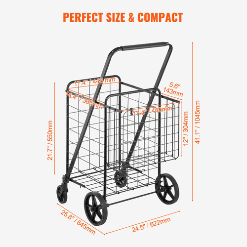 Folding Shopping Cart, Jumbo Grocery Cart with Double Baskets, 360 degree Swivel Wheels, Heavy Duty Utility Cart, 110 LBS Large Capacity Utility Cart for Laundry, Shopping, Grocery, Luggage