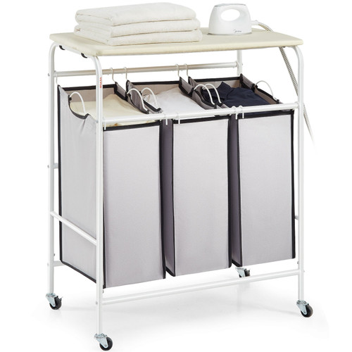 3-Section Laundry Sorter Cart with Ironing Board, Laundry Hamper with Heavy Duty Lockable Wheels and 3 Removable Bag, Rolling Laundry Basket Sorter for Clothes Storage