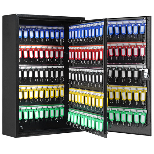 200-Key Cabinet, Key Lock Box with Adjustable Racks, Security Key Storage Box Steel, Key Organizer with 200 Colorful Key Tags and 4 Record Cards for School, Office, Hotel
