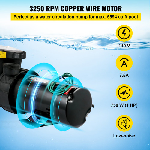 Swimming Pool Pump, 1HP 110V 5220GPH Powerful Self-priming Up to 36ft Head Lift, for In/Above Ground Pool Water Circulation, w/ Strainer Basket and 2pcs 1-1/2'' NPT Connectors, UL Certified