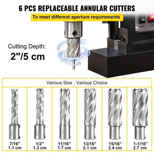 Annular Cutter Set, 6 pcs 3/4" Weldon Shank, 2" Cutting Depth and Cutting Diameter from 7/16" to 1-1/16", 2 Pilot Pins & Strong Case for Using with Magnetic Drills, Silver