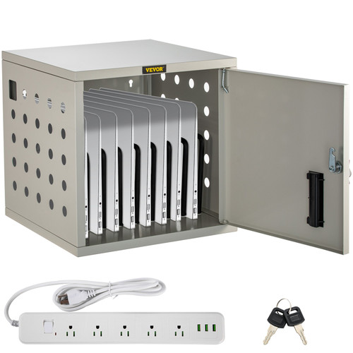 Charging Cart, 8 Device, Charging Cabinet for Laptop Computers, Chromebook, iPad, Tablets, Up to 13-inch Screen Size, Wall Charging Box with Power Strip, USB Port, and Locking Front Door