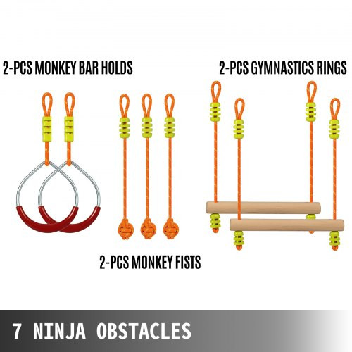 Ninja Warrior Obstacle Course for Kids, 45FT Ninja Line Slackline with Gym Rings, Monkey Bars, Rope Knots, Portable Outdoor Ninja Course Training Equipment Set for Backyard