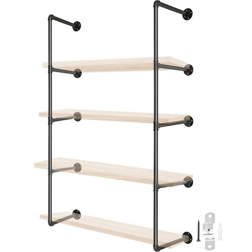 Industrial Pipe Shelves 4-Tier Wall Mount Iron Pipe Shelves 2 PCS Pipe Shelving Vintage Black DIY Pipe Bookshelf Each Holds 44lbs Open Kitchen Shelving for Bedroom & Living Room W/Accessories