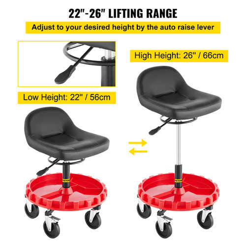 Shop Stool, 300 LBS Rolling Garage Stool, 22" to 26" Adjustable Height Mobile Rolling Gear Seat, Round Tray Garage Pneumatic Stool, All-Terrain 5" Casters with Two Brakes Mechanic Seat