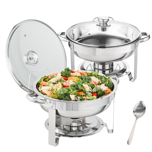 2-Pack Round Chafing Dish Set with Full-Size 4Qt Pan Glass Lid Fuel Holder