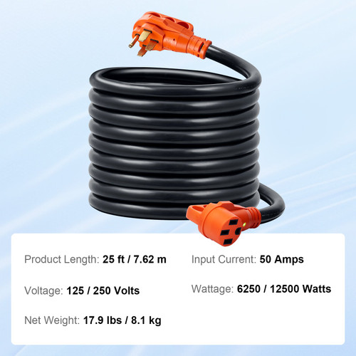 25ft RV Extension Cord Power Cord 50Amp NEMA 14-50R/NEMA 14-50P ETL Listed