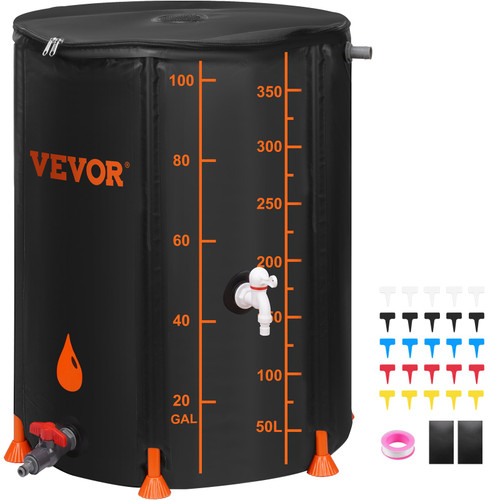 Collapsible Rain Barrel, 100 Gallon Large Capacity, PVC Rainwater Collection System Including Spigots and Overflow Kit, Portable Water Tank Storage Container for Garden Water Catcher, Black