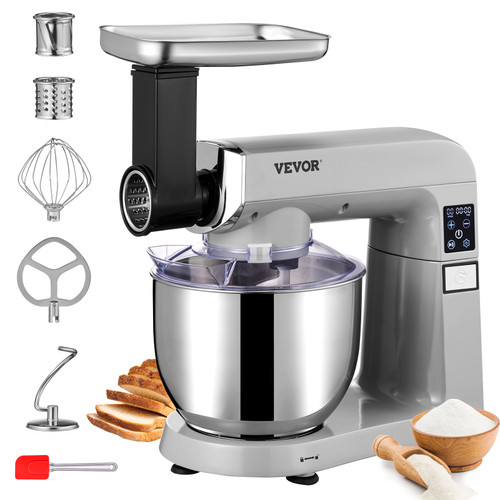 6 IN 1 Stand Mixer, 450W Tilt-Head Multifunctional Electric Mixer with 6 Speeds LCD Screen Timing, 7.4Qt Stainless Bowl, Dough Hook, Flat Beater, Whisk, Scraper, Grinder, Stuffer, Slicer - Gray