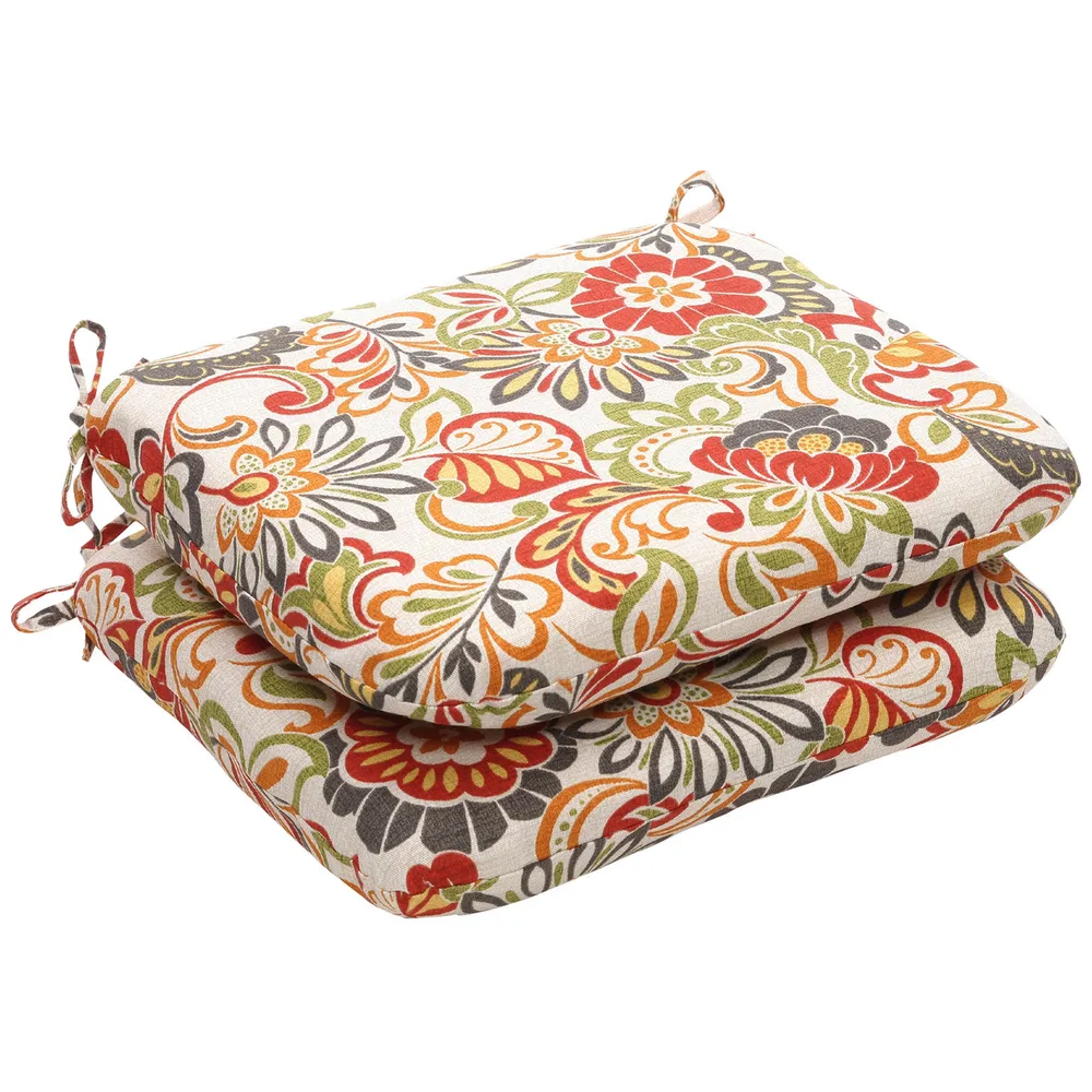 Floral Outdoor Patio Rounded Seat Cushions – 18.5″ – Set of 2 – Red and White