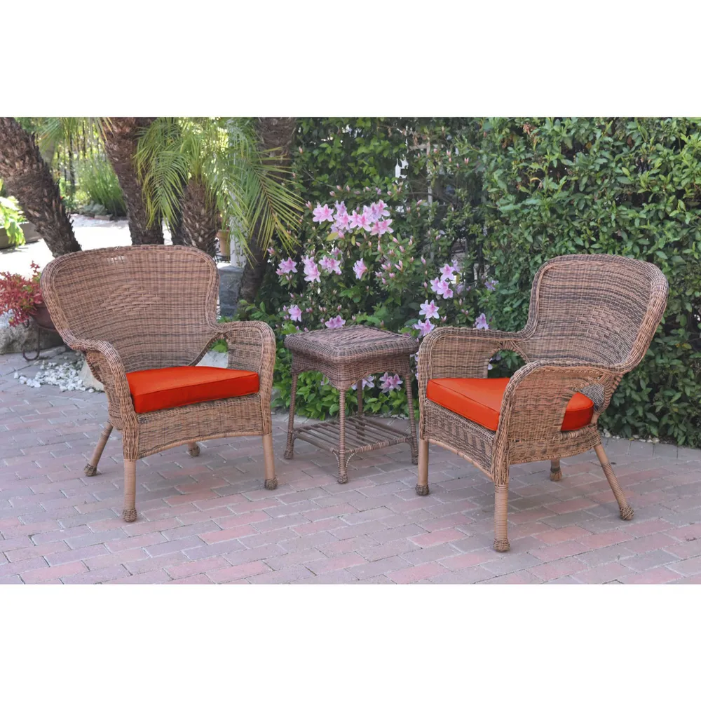 Set of 2 Honey Brown and Brick Red Outdoor Patio Chairs with End Table – Cushions 35.5″