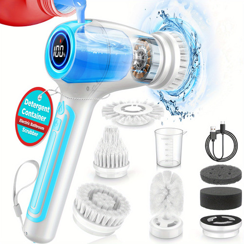 3200mAh Cordless Rechargeable Electric Spin Scrubber - LED Display Screen, 8pcs Replaceable Brush Heads, Detergent Container - for Cleaning Tub/Tile/Floor/BathroomWhite-Blue