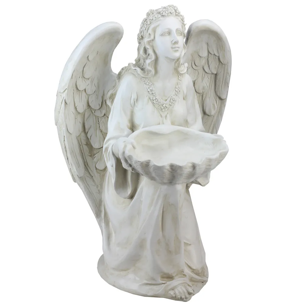 Religious Outdoor Kneeling Angel Holding Shell Garden Statue Bird Feeder 19.75″
