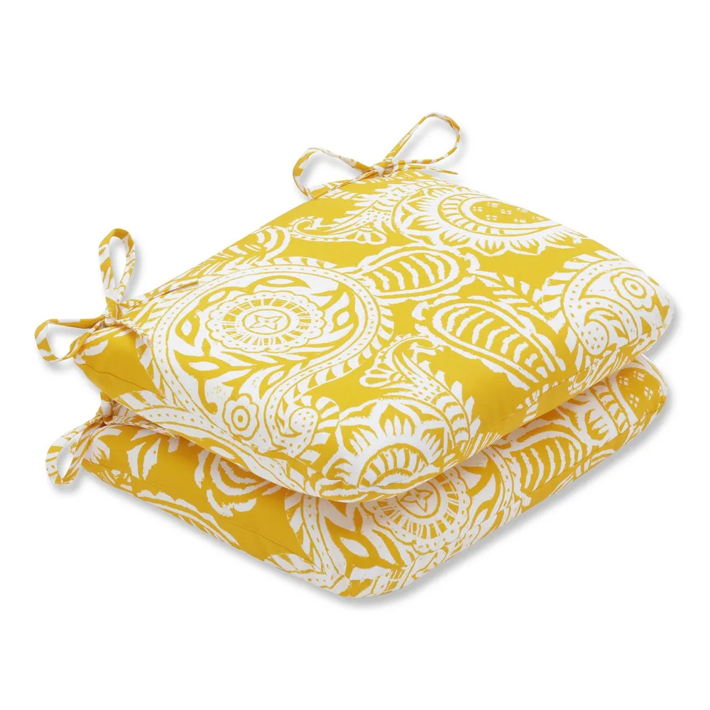 Paisley Outdoor Patio Rounded Seat Cushions – 18.5″ – Yellow and White – Set of 2
