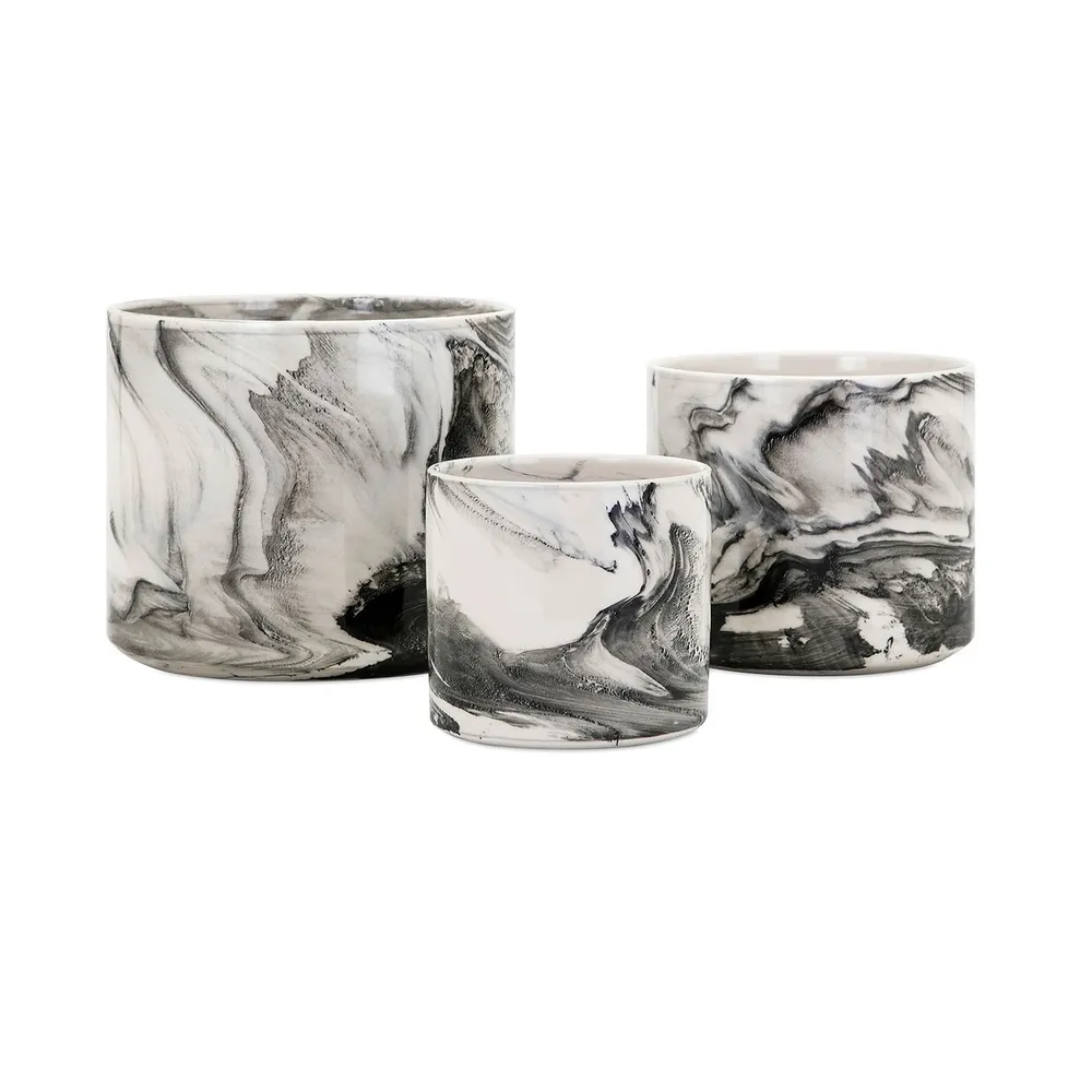 Set of 3 Black and White Contemporary Marbled Planters